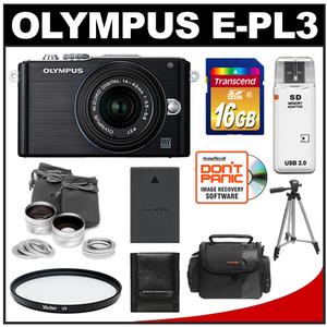 Olympus PEN E-PL3 Micro 4/3 Digital Camera & 14-42mm II Lens (Black) - Refurbished with 16GB Card + Battery + Case + Filter + Tripod + Tele/Wide Lens Set + Acce - Digital Cameras and Accessories - Hip Lens.com