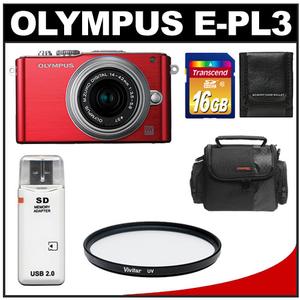 Olympus PEN E-PL3 Micro 4/3 Digital Camera & 14-42mm II Lens (Red/Silver) - Refurbished with 16GB Card + Case + Filter + Accessory Kit - Digital Cameras and Accessories - Hip Lens.com