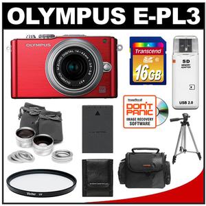 Olympus PEN E-PL3 Micro 4/3 Digital Camera & 14-42mm II Lens (Red/Silver) - Refurbished with 16GB Card + Battery + Case + Filter + Tripod + Tele/Wide Lens Set + - Digital Cameras and Accessories - Hip Lens.com
