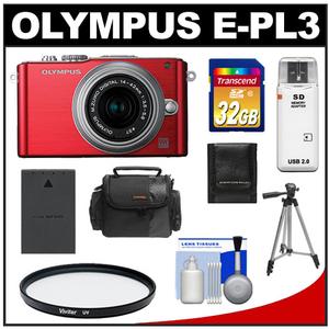 Olympus PEN E-PL3 Micro 4/3 Digital Camera & 14-42mm II Lens (Red/Silver) - Refurbished with 32GB Card + Battery + Case + Filter + Tripod + Accessory Kit - Digital Cameras and Accessories - Hip Lens.com