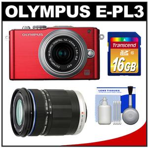 Olympus PEN E-PL3 Micro 4/3 Digital Camera & 14-42mm II Lens (Red/Silver) - Refurbished with M.Zuiko 40-150mm Lens + 16GB Card + Cleaning Kit - Digital Cameras and Accessories - Hip Lens.com