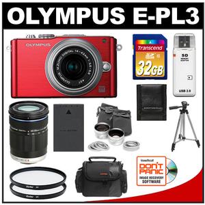 Olympus PEN E-PL3 Micro 4/3 Digital Camera & 14-42mm II Lens (Red/Silver) - Refurbished with M.Zuiko 40-150mm Lens + 32GB Card + Battery + Case + Lens Set + Fil - Digital Cameras and Accessories - Hip Lens.com