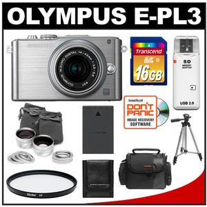 Olympus PEN E-PL3 Micro 4/3 Digital Camera & 14-42mm II Lens (Silver) - Refurbished with 16GB Card + Battery + Case + Filter + Tripod + Tele/Wide Lens Set + Acc - Digital Cameras and Accessories - Hip Lens.com