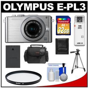Olympus PEN E-PL3 Micro 4/3 Digital Camera & 14-42mm II Lens (Silver) - Refurbished with 32GB Card + Battery + Case + Filter + Tripod + Accessory Kit - Digital Cameras and Accessories - Hip Lens.com