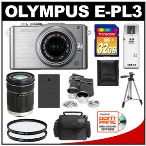Olympus PEN E-PL3 Micro 4/3 Digital Camera & 14-42mm II Lens (Silver) - Refurbished with M.Zuiko 40-150mm Lens + 32GB Card + Battery + Case + Lens Set + Filters - Digital Cameras and Accessories - Hip Lens.com