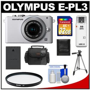 Olympus PEN E-PL3 Micro 4/3 Digital Camera & 14-42mm II Lens (White/Silver) - Refurbished with 32GB Card + Battery + Case + Filter + Tripod + Accessory Kit - Digital Cameras and Accessories - Hip Lens.com