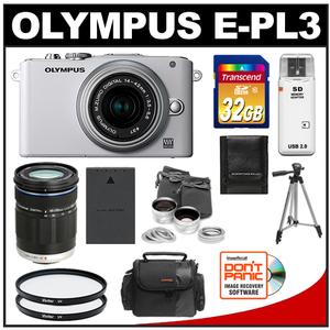 Olympus PEN E-PL3 Micro 4/3 Digital Camera & 14-42mm II Lens (White/Silver) - Refurbished with M.Zuiko 40-150mm Lens + 32GB Card + Battery + Case + Lens Set + F - Digital Cameras and Accessories - Hip Lens.com