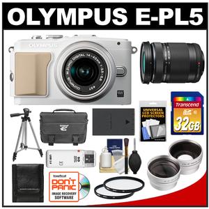 Olympus PEN E-PL5 Digital Camera Body & 14-42mm II R Lens (White/Silver) with 40-150mm ED Lens + 32GB Card + Case + Battery + Tripod + Lens Set + 2 UV Filters K