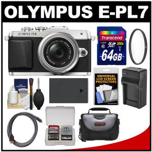 Olympus PEN E-PL7 Micro 4/3 Digital Camera & 14-42mm II R Lens (Silver) with 64GB Card + Case + Battery & Charger + Filter + Kit