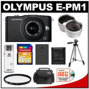 Olympus PEN Mini E-PM1 Micro Digital Camera & 14-42mm II Lens (Black) - Refurbished with 16GB Card + Filter + Case + Tripod + Wide Angle & Telephoto Lenses + Ac - Digital Cameras and Accessories - Hip Lens.com