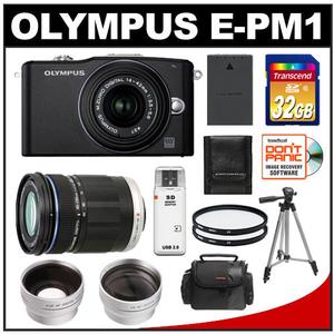 Olympus PEN Mini E-PM1 Micro Digital Camera & 14-42mm II Lens (Black) - Refurbished with 40-150mm Zoom Lens + 32GB Card + Filters + Case + Tripod + Tele / Wide- - Digital Cameras and Accessories - Hip Lens.com