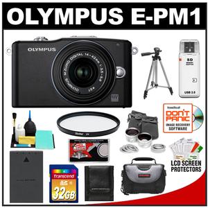 Olympus PEN Mini E-PM1 Micro 4/3 Digital Camera & 14-42mm II Lens (Black/Black) with 32GB Card + Battery + Case + Lens Set + UV Filter + Tripod + Cleaning & Acc - Digital Cameras and Accessories - Hip Lens.com