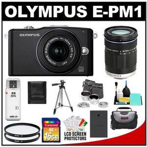 Olympus PEN Mini E-PM1 Micro 4/3 Digital Camera & 14-42mm II Lens (Black/Black) with 40-150mm Lens + 16GB Card + Battery + Case + Lens Set + (2) UV Filters + Tr - Digital Cameras and Accessories - Hip Lens.com
