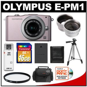 Olympus PEN Mini E-PM1 Micro Digital Camera & 14-42mm II Lens (Pink/Silver) - Refurbished with 16GB Card + Filter + Case + Tripod + Wide Angle & Telephoto Lense - Digital Cameras and Accessories - Hip Lens.com