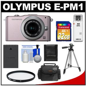 Olympus PEN Mini E-PM1 Micro Digital Camera & 14-42mm II Lens (Pink/Silver) - Refurbished with 32GB Card + Battery + Filter + Case + Tripod + Accessory Kit - Digital Cameras and Accessories - Hip Lens.com