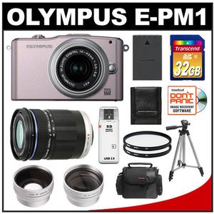 Olympus PEN Mini E-PM1 Micro Digital Camera & 14-42mm II Lens (Pink/Silver) - Refurbished with 40-150mm Zoom Lens + 32GB Card + Filters + Case + Tripod + Tele / - Digital Cameras and Accessories - Hip Lens.com