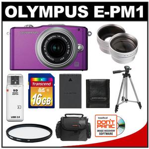 Olympus PEN Mini E-PM1 Micro Digital Camera & 14-42mm II Lens (Purple/Silver)-Refurbished with 16GB Card + Filter + Case + Tripod + Wide Angle & Telephoto Lense - Digital Cameras and Accessories - Hip Lens.com