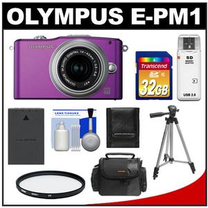 Olympus PEN Mini E-PM1 Micro Digital Camera & 14-42mm II Lens (Purple/Silver)-Refurbished with 32GB Card + Battery + Filter + Case + Tripod + Accessory Kit - Digital Cameras and Accessories - Hip Lens.com