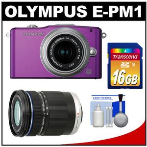 Olympus PEN Mini E-PM1 Micro Digital Camera & 14-42mm II Lens (Purple/Silver)-Refurbished with M.Zuiko 40-150mm ED Zoom Lens + 16GB Card + Cleaning Kit - Digital Cameras and Accessories - Hip Lens.com