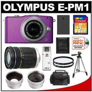 Olympus PEN Mini E-PM1 Micro Digital Camera & 14-42mm II Lens (Purple/Silver)-Refurbished with 40-150mm Zoom Lens + 32GB Card + Filters + Case + Tripod + Tele / - Digital Cameras and Accessories - Hip Lens.com