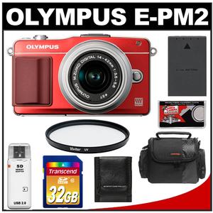 Olympus PEN E-PM2 Digital Camera Body & 14-42mm II R Lens (Red/Silver) with 32GB Card + Battery + Case + UV Filter + Accessory Kit