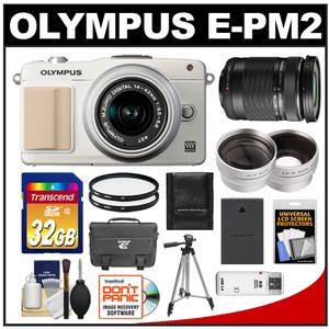 Olympus PEN E-PM2 Digital Camera Body & 14-42mm II R Lens (White/Silver) with 40-150mm Lens + 32GB Card + Case + Battery + Tripod + Filters + 2 Lens Kit