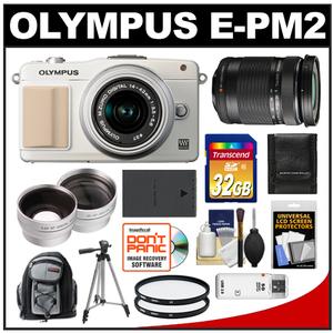 Olympus PEN E-PM2 Digital Camera Body & 14-42mm II R Lens (White/Silver) with 40-150mm Lens + 32GB Card + Backpack + Battery + Tripod + Filters + 2 Lens Kit
