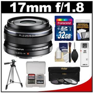 Olympus M.Zuiko 17mm f/1.8 Digital Lens (Black) with 32GB Card + Tripod + 3 UV/ND8/PL Filters + Accessory Kit