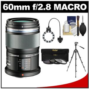 Olympus M.Zuiko 60mm f/2.8 MSC ED Macro Digital Lens (Black) with Tripod + 3 UV/ND8/PL Filters + Macro Ring Light + Accessory Kit