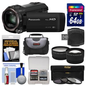 Panasonic HC-V770 Wireless Smartphone Twin Recording Wi-Fi HD Video Camera Camcorder with 64GB Card + Case + 3 Filters + Tele/Wide Lens Kit