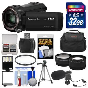 Panasonic HC-V770 Wireless Smartphone Twin Recording Wi-Fi HD Video Camera Camcorder with 32GB Card + Case + LED Light + Microphone + Tripod + Filter + Tele\/Wide Lens Kit