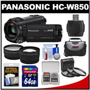 Panasonic HC-W850K Twin Recording HD Wi-Fi Video Camera Camcorder with 64GB Card + Case + 3 Filters + 2 Tele/Wide Lens Kit