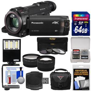 Panasonic HC-WXF991 Wi-Fi 4K Ultra HD Video Camera Camcorder with 64GB Card + Case + LED Light + 3 Filters + Tele/Wide Lens Kit