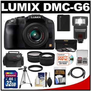 Panasonic Lumix DMC-G6 Micro Four Thirds Digital Camera with G Vario 14-42mm Lens (Black) with 32GB Card + Battery + Case + Tripod + Flash + Tele/Wide Lenses + Accessory Kit