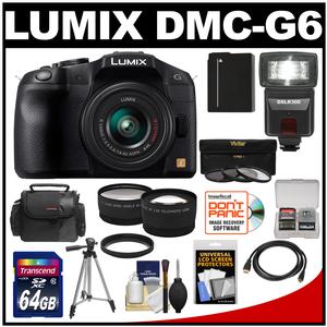 Panasonic Lumix DMC-G6 Micro Four Thirds Digital Camera with G Vario 14-42mm Lens (Black) with 64GB Card + Battery + Case + Tripod + Flash + Tele/Wide Lenses + Accessory Kit