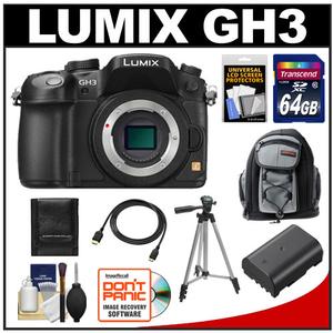 Panasonic Lumix DMC-GH3 Micro Four Thirds Digital Camera Body (Black) with 64GB Card + Battery + Backpack Case + Tripod + HDMI Cable + Accessory Kit