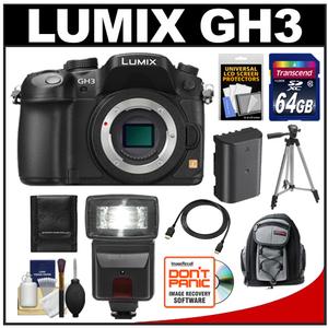 Panasonic Lumix DMC-GH3 Micro Four Thirds Digital Camera Body (Black) with 64GB Card + Battery + Backpack Case + Flash + Tripod + HDMI Cable + Accessory Kit