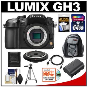 Panasonic Lumix DMC-GH3 Micro Four Thirds Digital Camera Body (Black) with 15mm Pancake Lens + 64GB Card + Battery + Backpack + Tripod + HDMI Cable + Kit
