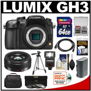 Panasonic Lumix DMC-GH3 Micro Four Thirds Digital Camera Body (Black) with 20mm f/1.7 II Lens + 64GB Card + Case + Flash + Battery + Tripod + Kit
