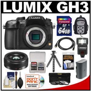Panasonic Lumix DMC-GH3 Micro Four Thirds Digital Camera Body (Black) with 20mm f/1.7 II Lens + 64GB Card + Backpack + Flash + Battery + Flex Tripod + Kit