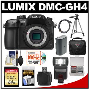 Panasonic Lumix DMC-GH4 4K Micro Four Thirds Digital Camera Body with 64GB Card + Battery + Case + Tripod + Flash + Accessory Kit