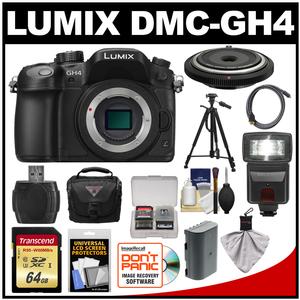 Panasonic Lumix DMC-GH4 4K Micro Four Thirds Digital Camera Body with 15mm Pancake Lens + 64GB Card + Battery + Case + Tripod + Flash + Kit