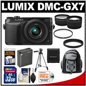 Panasonic Lumix DMC-GX7 Micro Four Thirds Digital Camera with 14-42mm II Lens (Black) with 32GB Card + Battery + Backpack + Tripod + Tele/Wide Lenses + Accessory Kit