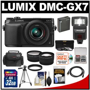 Panasonic Lumix DMC-GX7 Micro Four Thirds Digital Camera with 14-42mm II Lens (Black) with 32GB Card + Battery + Case + Tripod + Flash + Tele/Wide Lenses + Accessory Kit