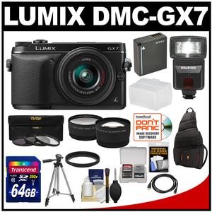 Panasonic Lumix DMC-GX7 Micro Four Thirds Digital Camera with 14-42mm II Lens (Black) with 64GB Card + Battery + Sling Case + Tripod + Flash + Tele/Wide Lenses + Accessory Kit
