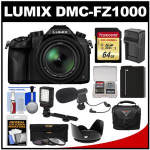Panasonic Lumix DMC-FZ1000 4K QFHD Wi-Fi Digital Camera with 64GB Card + Case + LED Light + Microphone + Battery/Charger + 3 Filter Kit