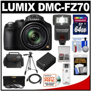 Panasonic Lumix DMC-FZ70 Digital Camera (Black) with 64GB Card + Battery + Case + Flash + Tripod + HDMI Cable + Accessory Kit