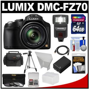 Panasonic Lumix DMC-FZ70 Digital Camera (Black) with 64GB Card + Battery + Case + Flash/Video Light + Diffuser + Tripod + Accessory Kit