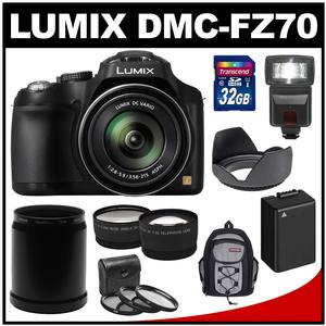 Panasonic Lumix DMC-FZ70 Digital Camera (Black) with 32GB Card + Battery + Backpack + Flash + Lens Set + Hood + 3 Filters Kit