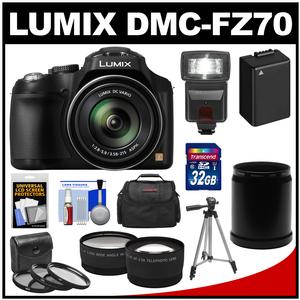 Panasonic Lumix DMC-FZ70 Digital Camera (Black) with 32GB Card + Battery + Case + Flash + Lens Set + Tripod + 3 Filters Kit